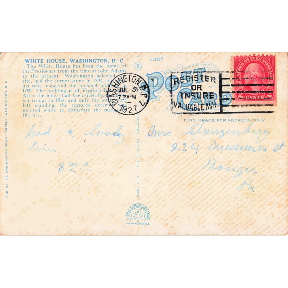 Washington DC District of Columbia White House Fountain Postcard 1927 Posted - Picture 2 of 2